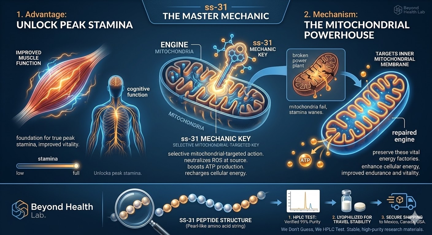 benefits like improved muscle function and cognitive vitality, the mechanism of action on cardiolipin and ATP, and the comprehensive safety and logistics details, explicitly highlighting our Beyond Health Lab 99% HPLC purity standard and secure shipping.