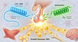 A 3D medical illustration showing CJC-1295 (with DAC) and Ipamorelin peptides stimulating the pituitary gland to release a surge of Growth Hormone (GH) targeting muscle, fat, bone, and brain tissues.