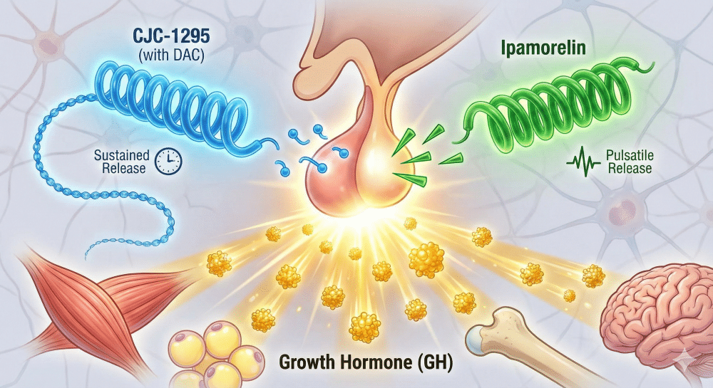 A 3D medical illustration showing CJC-1295 (with DAC) and Ipamorelin peptides stimulating the pituitary gland to release a surge of Growth Hormone (GH) targeting muscle, fat, bone, and brain tissues.