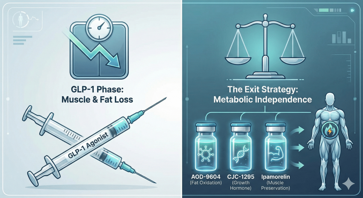 Infographic contrasting the GLP-1 weight loss phase with a metabolic exit strategy using AOD-9604, CJC-1295, and Ipamorelin peptides to preserve muscle and burn fat.