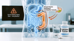 3D medical illustration of a human torso highlighting the digestive system. A label reads "Delayed Gastric Emptying & Constipation Cascade" with red arrows indicating a backup from the colon to the stomach. A background monitor displays a warning sign reading "Acute Kidney Injury Risk - Dehydration." In the foreground, a glass of water with fizzing electrolyte tablets sits next to a bottle labeled "Hydration Strategy."