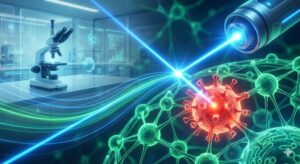 A conceptual illustration showing a glowing, precise blue laser beam targeting a specific, inflamed red molecule within a complex biological network, while leaving surrounding healthy green molecules untouched. The background is a stylized, futuristic laboratory setting with a microscope and data visualizations. The overall feel is one of advanced science, precision, and hope.]