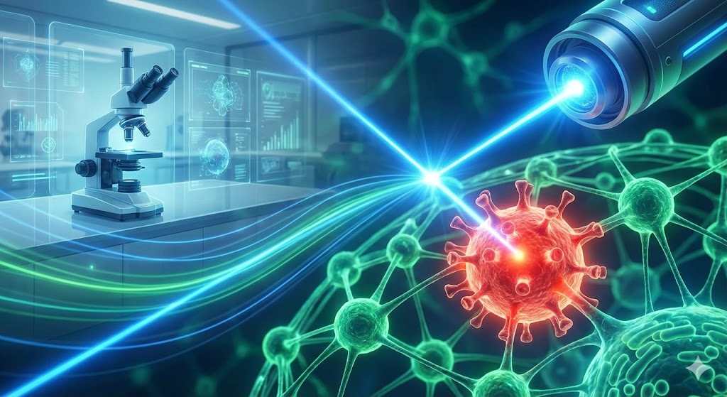 A conceptual illustration showing a glowing, precise blue laser beam targeting a specific, inflamed red molecule within a complex biological network, while leaving surrounding healthy green molecules untouched. The background is a stylized, futuristic laboratory setting with a microscope and data visualizations. The overall feel is one of advanced science, precision, and hope.]