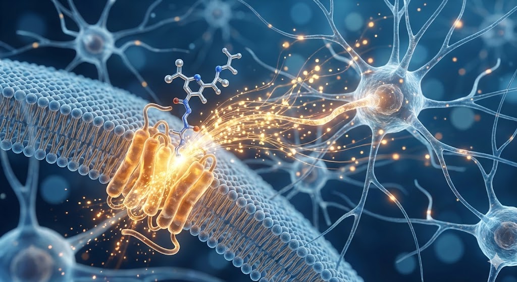 A 3D digital microscopic illustration of a Melanotan 2 peptide binding to a glowing MC1R receptor on a cell membrane, triggering a golden cascade of light that represents melanin synthesis and systemic biological regulation.