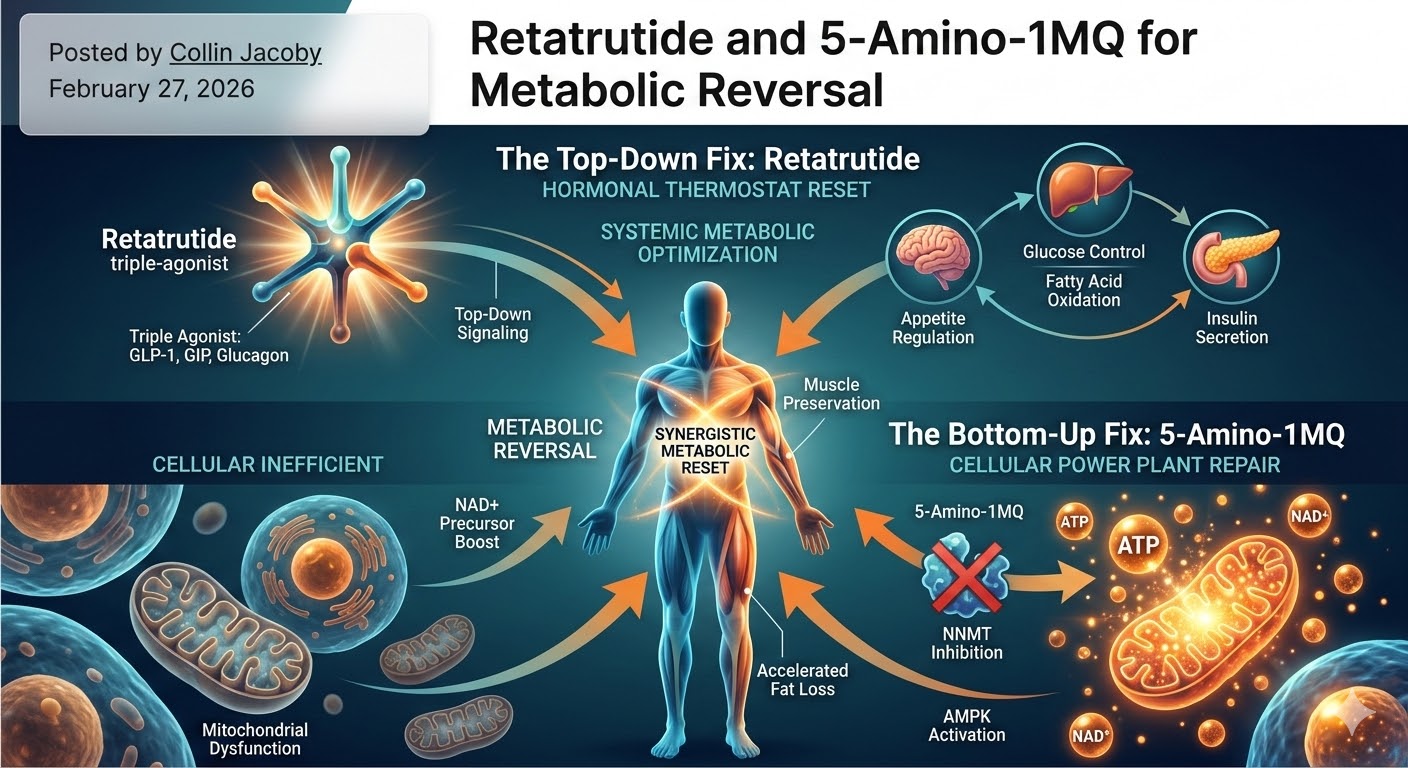 Infographic detailing the synergistic mechanism of Retatrutide and 5-Amino-1MQ for metabolic reversal, showing top-down hormonal regulation and bottom-up mitochondrial repair.