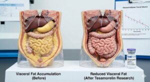 Gemini said Alt Text: Side-by-side anatomical models of human abdomens labeled "Visceral Fat Accumulation (Before)" and "Reduced Visceral Fat (After Tesamorelin Research)". The left model shows substantial yellow visceral fat surrounding organs, while the right model displays a significant reduction in this fat. A vial of "Tesamorelin Peptide" sits next to the right model, and a graph showing decreasing visceral adipose tissue volume is in the background.
