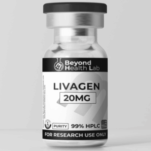 Vial de vidrio con polvo liofilizado Livagen 20mg, etiqueta Beyond Health Lab, pureza 99% HPLC, uso exclusivo de investigación