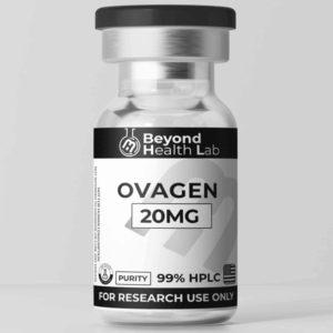 Vial de vidrio con polvo liofilizado de Ovagen 20mg, pureza ≥99% HPLC, para uso exclusivo de investigación